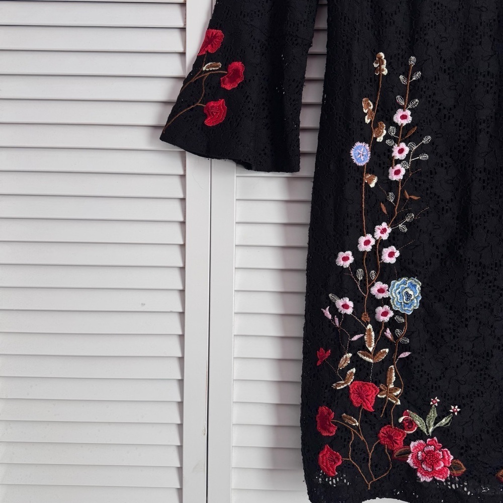 Desigual Vermond Lace Dress Floral Embroidery Bell Sleeve Black Size 40 Medium - Picture 5 of 14